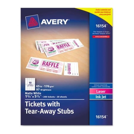 Avery Avery Printable Tickets w/Tear-Away Stubs 16154, 8-1/2" x 11", Matte White, 200/Pack 16154